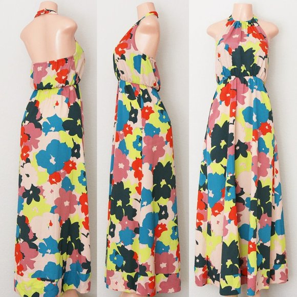 Jessica Simpson Vibrant Bold Colorful Floral Halter Neck Boho Long Maxi Dress 4 - Picture 4 of 16